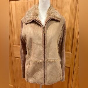 Lisa International faux suede sweater jacket faux fur trim and collar women’s M